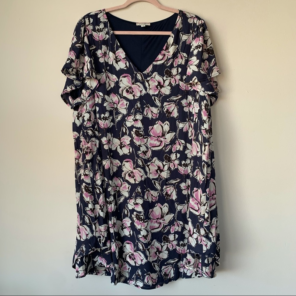 Andree by Unit Floral Tunic Dress Navy Pink Short Flutter Sleeve Size 2X
